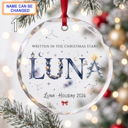 Written in the Christmas Stars Glass Ornament – Custom Holiday Name Keepsake with Starry Lettering