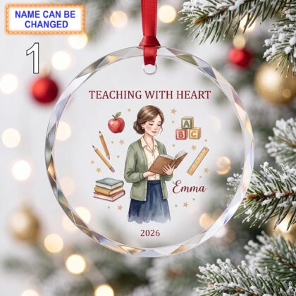 Teaching With Heart Teacher Christmas Glass Ornament – Custom Educator Keepsake featuring Apple