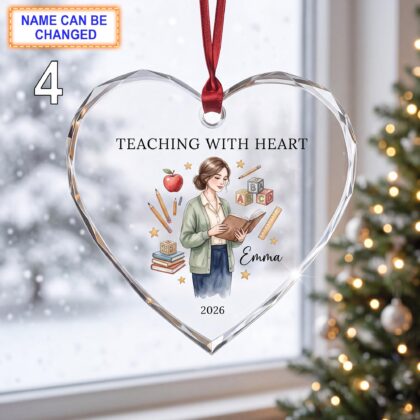 Teaching With Heart Teacher Christmas Glass Ornament – Custom Educator Keepsake featuring Apple - Image 4