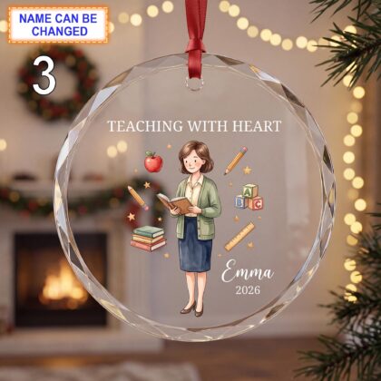 Teaching With Heart Teacher Christmas Glass Ornament – Custom Educator Keepsake featuring Apple - Image 3