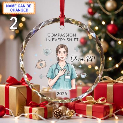 Alternative view of Compassion in Every Shift Nurse Christmas Glass Ornament