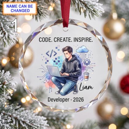 Code - Create - Inspire Christmas Glass Ornament – Custom Developer Keepsake with Laptop