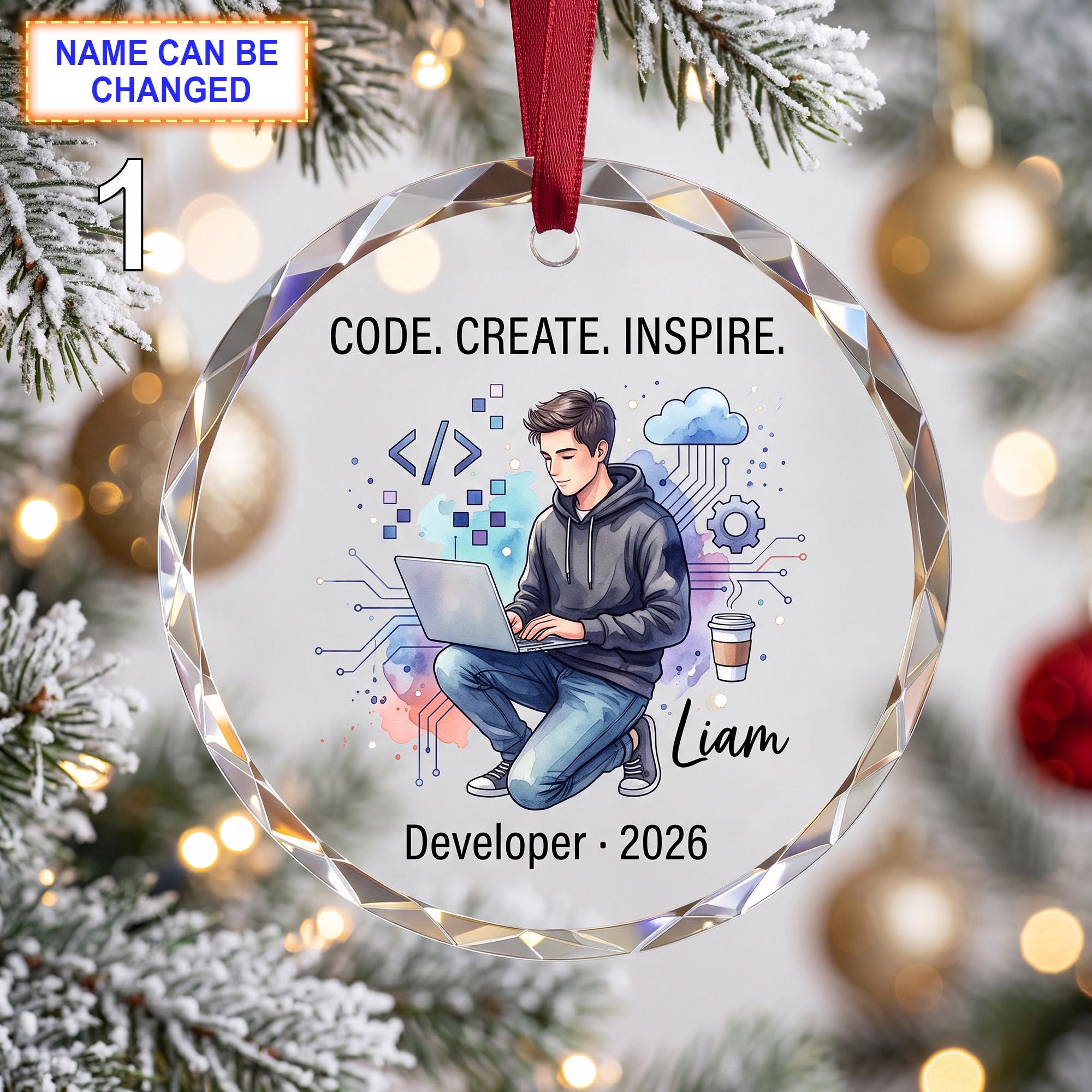 Code - Create - Inspire Christmas Glass Ornament – Custom Developer Keepsake with Laptop
