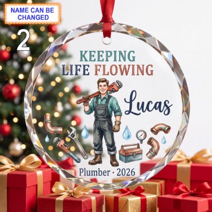 Alternative view of Keeping Life Flowing Christmas Glass Ornament – Custom Plumber Keepsake with Wrench