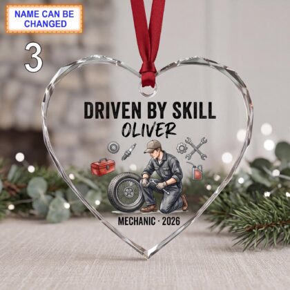 Driven by Skill Christmas Glass Ornament – Custom Mechanic Keepsake with Car Wheel - Image 3