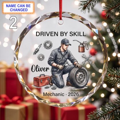 Alternative view of Driven by Skill Christmas Glass Ornament – Custom Mechanic Keepsake with Car Wheel