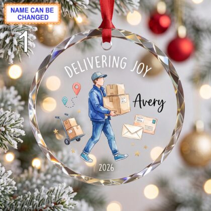 Delivering Joy Christmas Glass Ornament – Custom Delivery Worker Keepsake with Packages