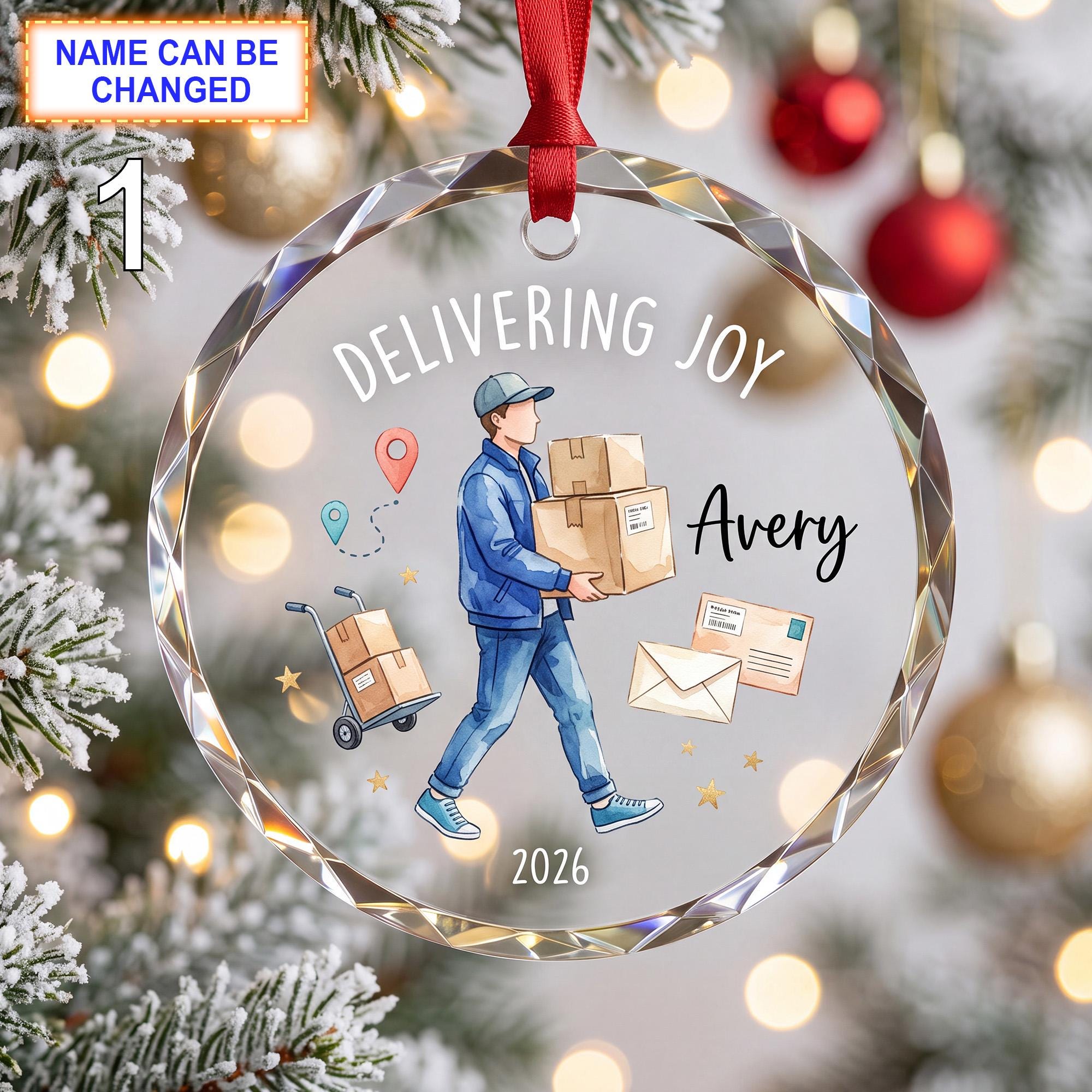 Delivering Joy Christmas Glass Ornament – Custom Delivery Worker Keepsake with Packages