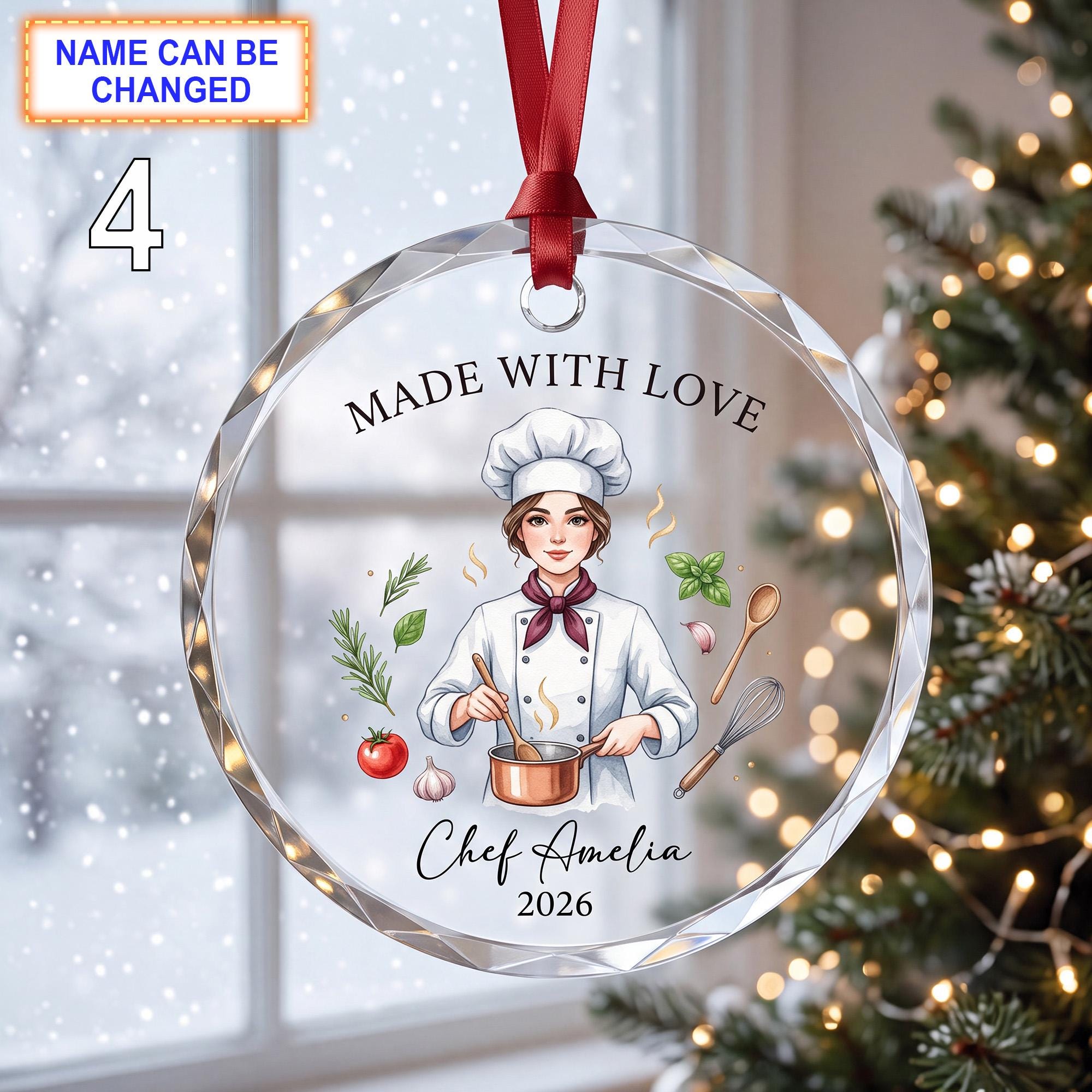 Made With Love Christmas Glass Ornament – Custom Chef Keepsake with Chef Hat - Image 4