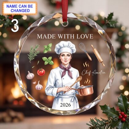 Made With Love Christmas Glass Ornament – Custom Chef Keepsake with Chef Hat - Image 3