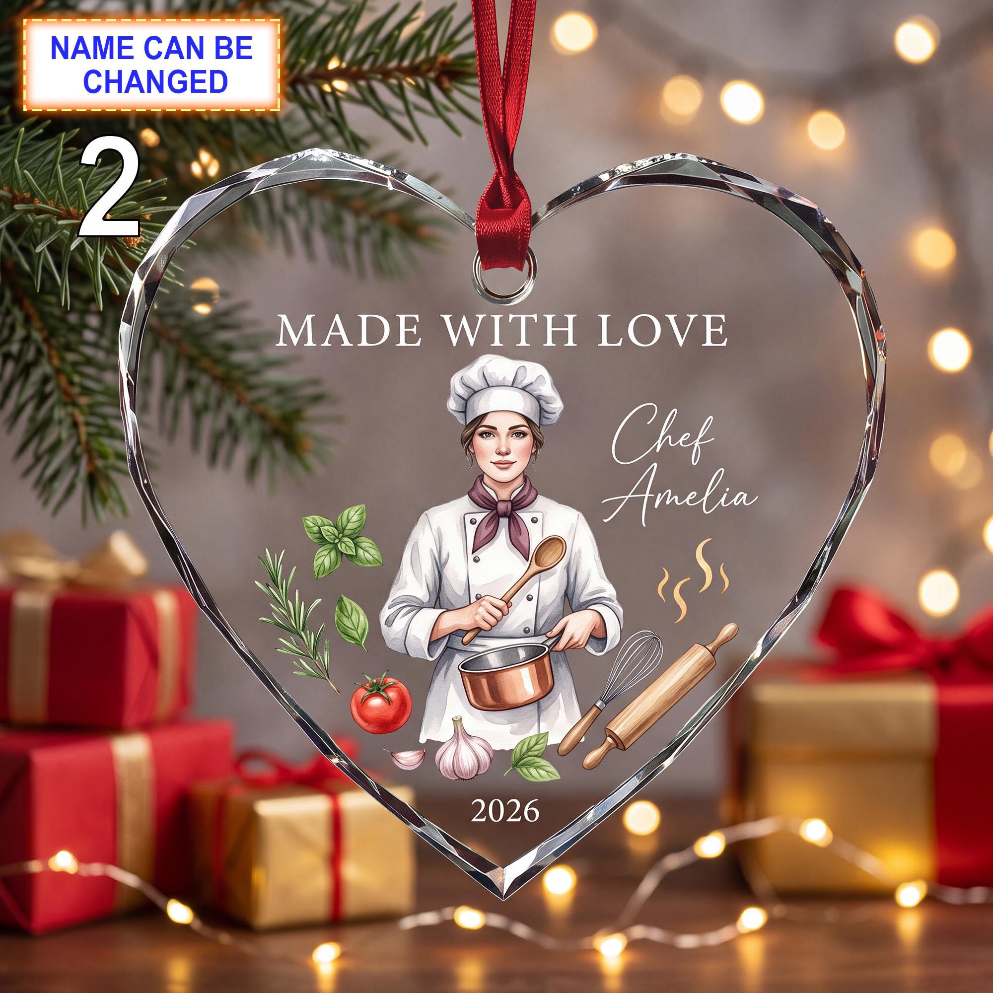 Made With Love Christmas Glass Ornament – Custom Chef Keepsake with Chef Hat - Image 2