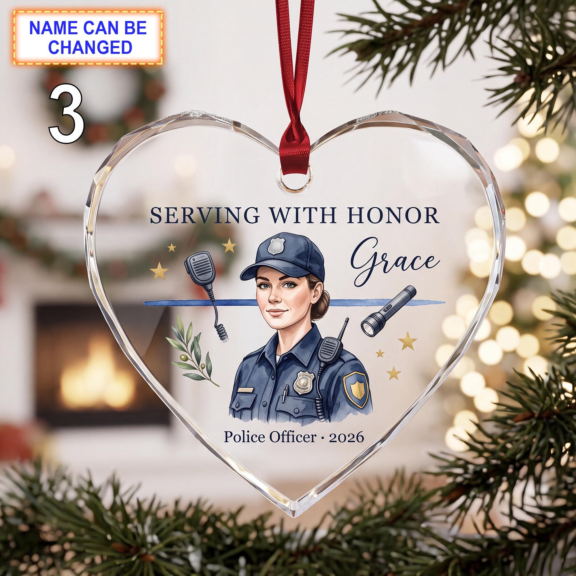 Serving With Honor Christmas Glass Ornament – Custom Police Officer Keepsake with Uniform - Image 3