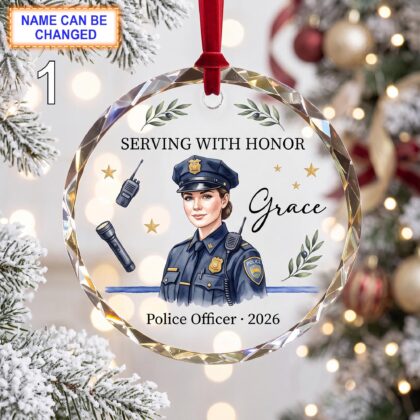 Serving With Honor Christmas Glass Ornament – Custom Police Officer Keepsake with Uniform