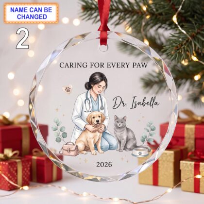 Alternative view of Caring for Every Paw Christmas Glass Ornament – Custom Veterinarian Keepsake with Puppy