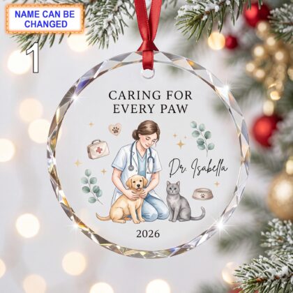 Caring for Every Paw Christmas Glass Ornament – Custom Veterinarian Keepsake with Puppy