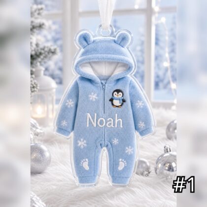 Personalized Baby Bear Snowsuit Acrylic Ornament – Custom Name First Christmas Keepsake