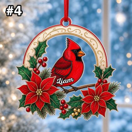 Custom Name Red Cardinal Poinsettia Personalized Ornament - Image 6