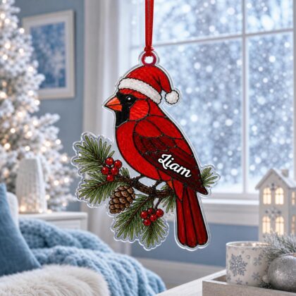 Custom Name Santa Cardinal Pinecone Ornament – Christmas Tree Car Hanging Decor