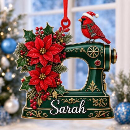 Custom Name Sewing Machine and Cardinal Ornament – Christmas Tree Car Hanging Decor