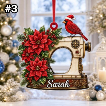 Custom Name Sewing Machine and Cardinal Ornament – Christmas Tree Car Hanging Decor - Image 5