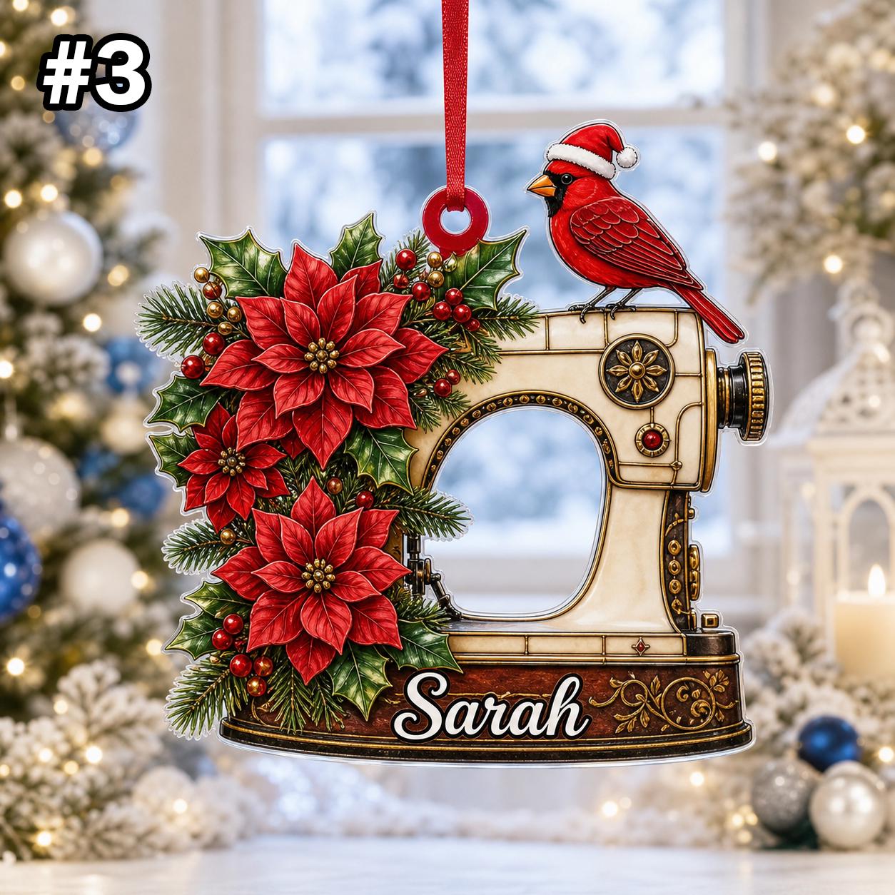 Custom Name Sewing Machine and Cardinal Ornament – Christmas Tree Car Hanging Decor - Image 5