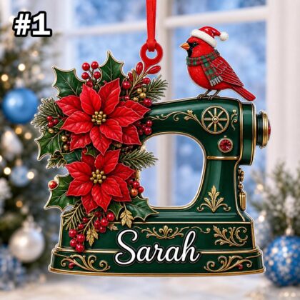 Custom Name Sewing Machine and Cardinal Ornament – Christmas Tree Car Hanging Decor - Image 3