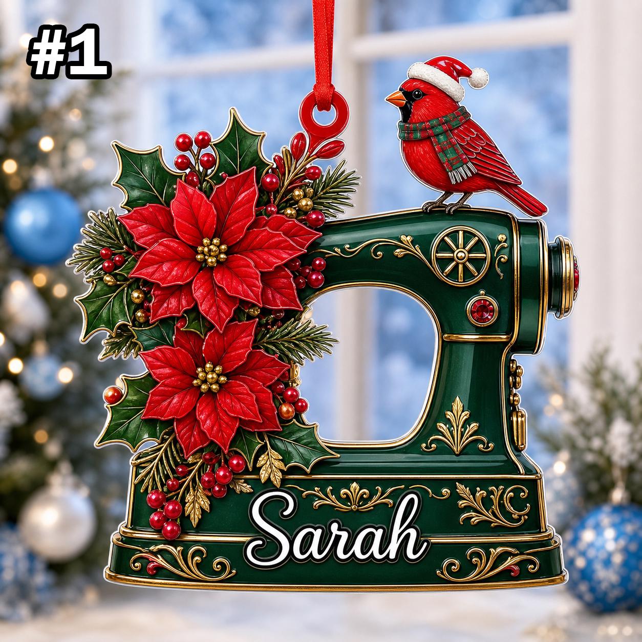 Custom Name Sewing Machine and Cardinal Ornament – Christmas Tree Car Hanging Decor - Image 3