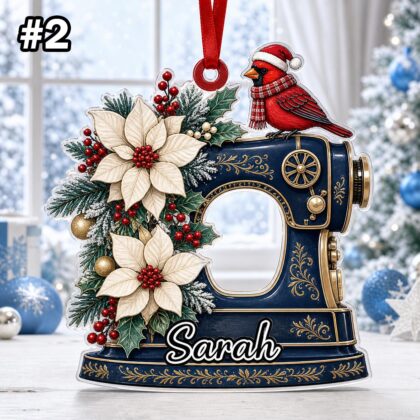 Custom Name Sewing Machine and Cardinal Ornament – Christmas Tree Car Hanging Decor - Image 4