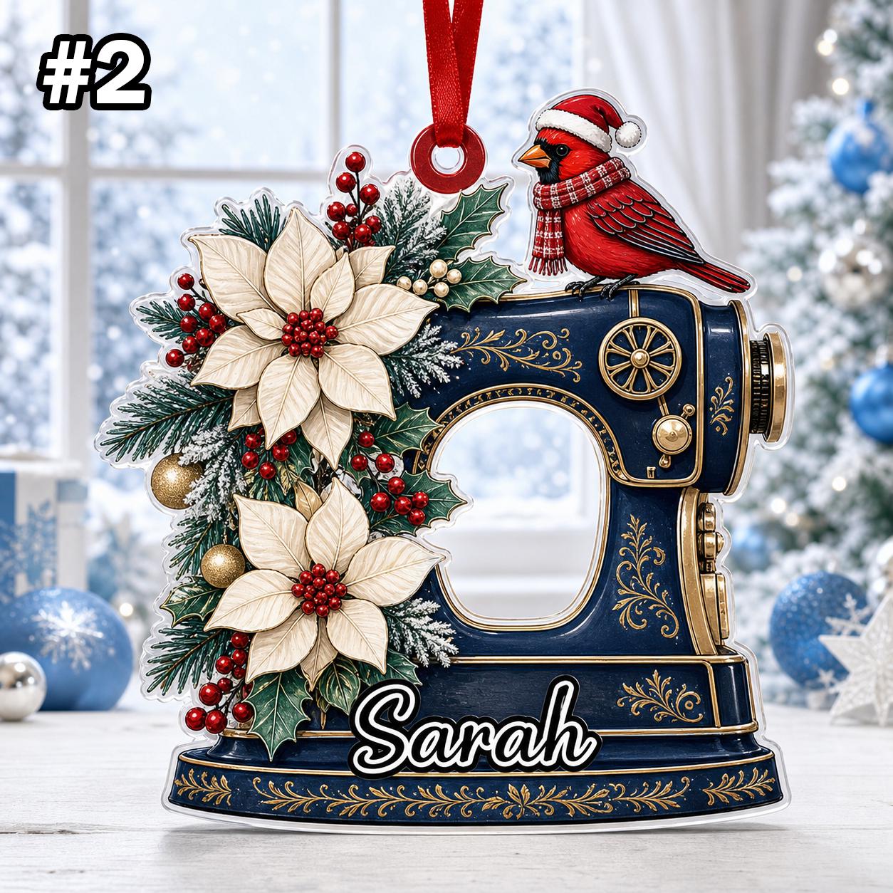 Custom Name Sewing Machine and Cardinal Ornament – Christmas Tree Car Hanging Decor - Image 4