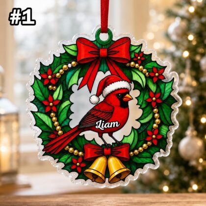 Custom Name Cardinal Christmas Wreath Ornament – Xmas Tree Car Hanging Decor - Image 3