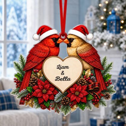 Custom Name Couple Cardinal Heart Ornament – Christmas Tree Car Hanging Decor