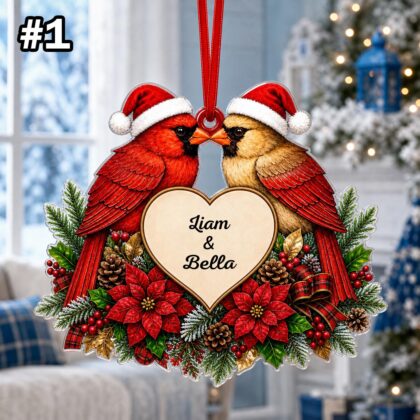 Custom Name Couple Cardinal Heart Ornament – Christmas Tree Car Hanging Decor - Image 3