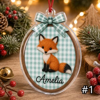 Custom Woodland Animal Acrylic Hoop Ornament – Personalized Bear Fox Bunny Deer Christmas Nursery Tree