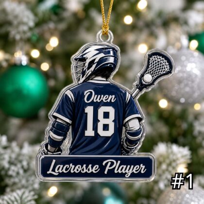 Personalized Lacrosse Player Acrylic Ornament – Custom Name Number Jersey Sports Gift for Kids