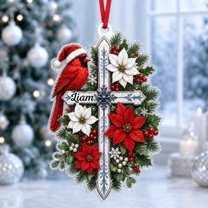 Custom Name Cardinal Cross Personalized Ornament – Christmas Tree Car Hanging Decor