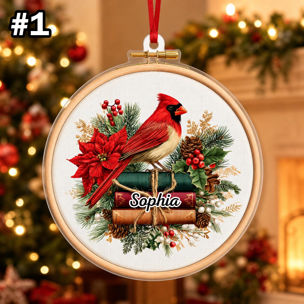 Custom Name Cardinal Hoop Ornament – Christmas Tree Car Hanging Decor - Image 3
