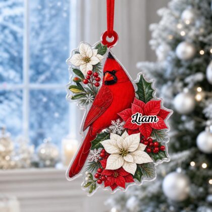 Custom Name Red Cardinal Poinsettia Ornament – Christmas Tree Car Hanging Decor