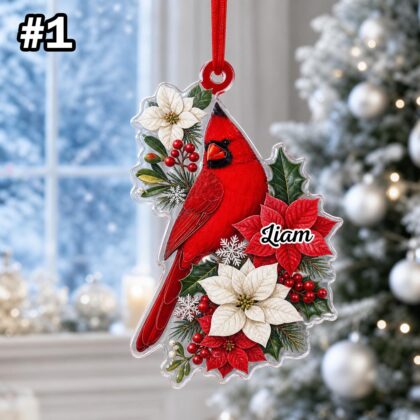 Custom Name Red Cardinal Poinsettia Ornament – Christmas Tree Car Hanging Decor - Image 3