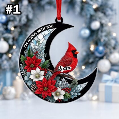 Personalized Cardinal Crescent Moon Ornament – Christmas Tree Car Hanging Decor - Image 3