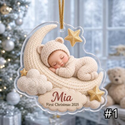 Personalized Sleeping Baby Ornament – Moon Stars Baby First Christmas 2025