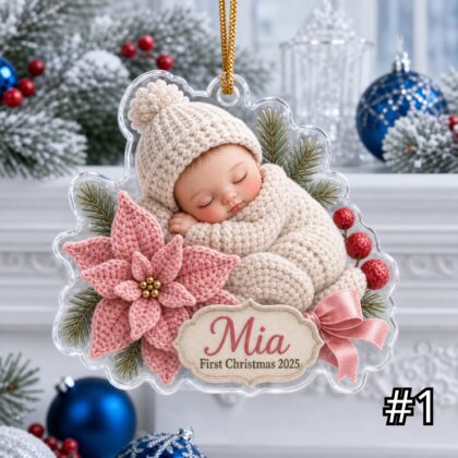 Personalized Sleeping Baby Ornament – Floral Baby First Christmas 2026