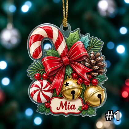 Personalized Candy Christmas Ornament – Pinecone Berries Bells Acrylic Keepsake