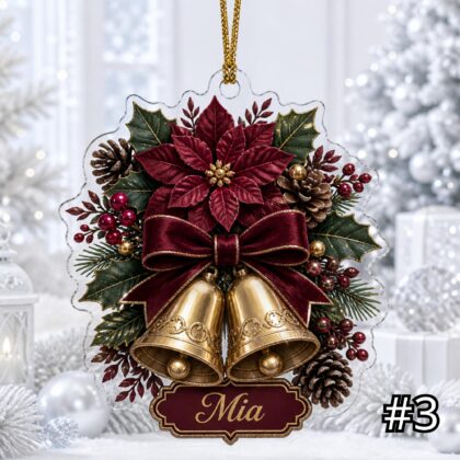 Personalized Floral Christmas Ornament – Pinecone Berries Bells Acrylic Keepsake - Image 3