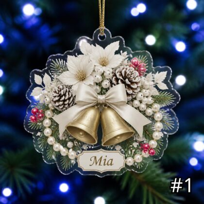 Personalized Floral Christmas Ornament – Pinecone Berries Bells Acrylic Keepsake