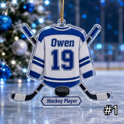 Personalized Hockey Player Acrylic Ornament – Custom Name Number Jersey Sports Gift for Kids