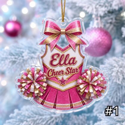 Personalized Cheerleader Acrylic Ornament – Custom Name Cheer Uniform Pom Pom Sports Gift for Kids