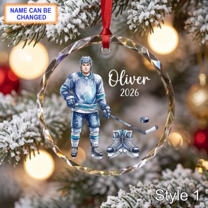 Personalized Hockey Player Glass Ornament – Custom Athlete Keepsake