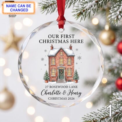 Our First Christmas Here Glass Ornament – Personalized Red Brick House Keepsake