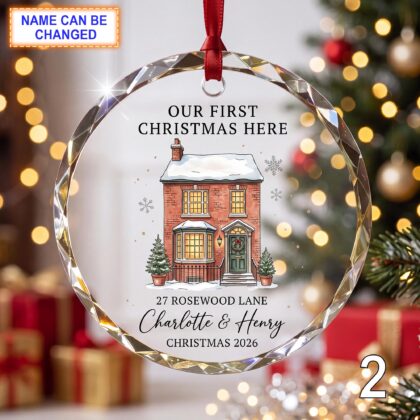 Alternative view of Our First Christmas Here Glass Ornament – Personalized Red Brick House Keepsake