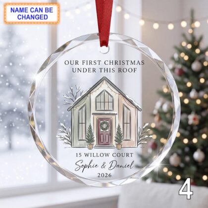 Our First Christmas Under This Roof Glass Ornament – Personalized White Farmhouse Keepsake - Image 4